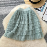 Hepburn Style Simple Solid Color Mesh Dress High Waist Tight Thin Design Careful Hot Girl Cake Skirt