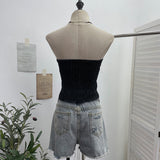 Vintage Sexy Water Wash Denim Pocket Spliced Lace Bra Design Without Strap Vest 2753