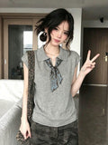 High Sense Of Wearing Polo Shirt Short-Sleeved Women's Summer Silk Scarf Collar Shoulders T-Shirt Casual Temperament Knitting Tops Ins