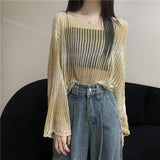 Gradient Color Hollow Ice Cream Sunscreen Women Summer Loose Lazy Thin Air Conditioning Hood Design Sense Knitting Long Sleeve
