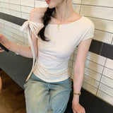 French Unique Beautiful Bow Tie With Slanted Shoulder Short-Sleeved T-Shirt For Women 2025 New Dress-Up Short Top