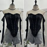 Hottie Sexy Tset Blouse Irregular Cowboy Splicing Mesh Yarn Tie With Short T-Shirt 6105