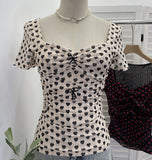Love Print Small Bow Net Collar Folded Body Elastic Short-Sleeved T-Shirt 28313