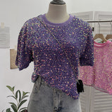 Pink Sequin Short Sleeve T-Shirt 2025 Spring And Summer Korean Version Of Loose Night Club Bling Top 9088