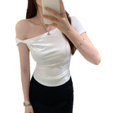 Pure Hot Girl Style Green Slanted Shoulder Repair Short-Sleeved T-Shirt Woman 2025 Summer New Sexy Bare Shoulder Short Top