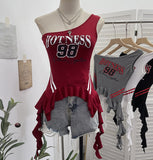 Real Shooting Retro Jersey Vest Letter Print Oblique Shoulder Hottie Wearing Lotus Edge Ribbon Ribbon Short Top 1279
