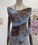 Real Shot Shoulder Strap Hanging Neck Pure Lust Wind Long-Sleeved T-Shirt Repair Cross-Folded Open Fork Short Top 9932
