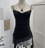 Real Shooting Thrombial Rivet Sling Skirt Design Lotus Side Ribbon Ribbon Vest Dye Net Yarn Sleeveless Top Lady 1275
