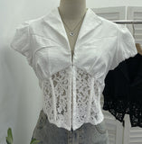 Real Shooting Short-Scuffed Lace Fish Bone Shirt For Girls Summer Babes Short-Sleeved Collared V-Neck Blouse 23715