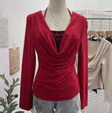 Fake Two-Piece Squint Hanging Neck Tie Long Sleeves Jersey Hottie Tops Body Folded T-Shirt 2829