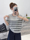 Summer New Embroidery Design Feeling Korean Striped Short-Sleeved Knitted Shirt Fashion Niche Thin Top