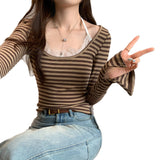 Small Design Lace Side Hanging Neck Striped Long-Sleeved T-Shirt Woman 2025 New High-End Non-Framming Shirt Top