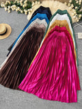 Tightening The Pearl Light Hundred Folded Half-Dressed Dress Woman 2025 Early Spring Glossy Color Color Hanging High Waist Thin Word Long Dress