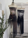 Real Shot With Chest Pad Anti-Slip Strip Net Yarn Printing Tector Woman Thin Perene Single-Layer Irregular Dress 1309