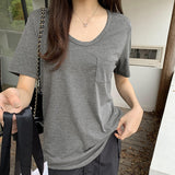 Simplicity Ins Shoulder White Short-Sleeved T-Shirt Girl 2025 Spring And Summer New Design Lazy Loose Pocket Top