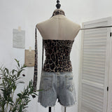 Real-Patting Mesh Leopard Print Sexy One-Word Shoulder Hanging Neck With Chest Vest With Chest Pad Short Top 15971