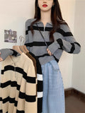 Crash Striped Semi-Zip Polo Collar Knitted Shirt Girl Spring And Autumn And Winter Loose Lazy Wind Outside Long-Sleeved Sweater Coat