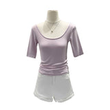 Purely Sexy Slime U-Neck Shoulder Short-Sleeved T-Shirt Commuting Summer New Thin Luxury High-End Feel Blouse