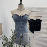 Vintage Denim With Chest Pads In The Ear Of Irregular Body Repair Brat Vest Short Sleeveless Top 2861