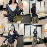 Korean Beauty Holiday Two Long-Sleeved V-Neck Hanging Neck T-Shirt Women 2026 Spring New Waist Thin Inside A Small Top