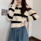 Crash Striped Semi-Zip Polo Collar Knitted Shirt Girl Spring And Autumn And Winter Loose Lazy Wind Outside Long-Sleeved Sweater Coat