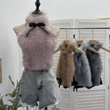 Real-Shooting Bow Hair Spliced Hanging Neck Vest Women In Autumn And Winter With Sleeveless Outside Wearing Short Babes Top 9309