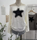 Wasteland Breeze Hot Girl Make Old Hole Star Long-Sleeved Top T-Shirt Loose Drawstring Tethered T-Shirt 6140