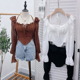 Spice Girls Shoulder-Mounted Neck With Long-Sleeved Chindal Wooden Ear-Deared Shirt Short With Chest Cushion Top 8873