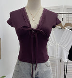Pure-Wanted Lace Side Lace With Bow V-Neck Short-Sleeved T-Shirt T-Shirt T-Shirt Short-Sleeved Body Dress 6006