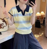 Collider Striped Polo Shirt Over Small Flying Sleeve Knitted T-Shirt Women's Summer Design Sense Age-Supling Embroidery Loose Top