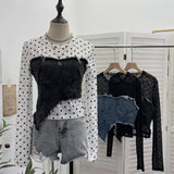 Po Point Mesh Splicing Irregular Raging Denim Long-Sleeved T-Shirt Short Slim Top 2617