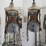 Real Shot Raging Butterfly Embroidery Y2k Babes Punk Word Shoulder Tie-Dye Mesh T-Shirt With Short Top 1319