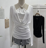 Real Shooting Explosion Hanging Neck Hollow Two Collar Long-Sleeved T-Shirt Folded Bottom Shirt 2769