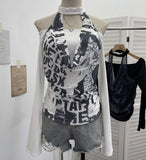 Real Shooting Hottie Letter Print Mesh Collar Splicing Neck One-Word Shoulder Long-Sleeved T-Shirt Short Top 2780