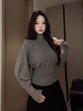 Korean Temperament Gray Long-Sleeved T-Shirt 2026 Spring Harvest Skinny People Wear Repair Clothes