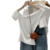 2026 Early Spring Korean Chic Inclined Shoulder Short-Sleeved T-Shirt Women's Commuting Summer New Slim Slimy Super Good-Looking Exposed Shoulders