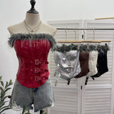 Real Shooting Retro Pu Skin Spliced Hair Bra Bra Strap Chest Punk Hottie Skin Buckle Waist Short Top 2781