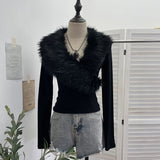 Millennial Hottie Hair Splicing Cross V Collar Long Sleeve T-Shirt Repair Bottom Grinding Short Top 23326