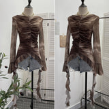Real Shooting Hot Girl Horn Sleeve Net Yarn Bottom Shirt Girl Body Waste Wind Irregular Ribbon Long-Sleeved Top 2708