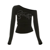 Letters Hot Diamond Collars With Long-Sleeved T-Shirts For Women's Folds Slimy Hottie Tops