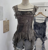 2025 New Summer Dress Vietnamese Niche Hottie Lotus Side Ribbon Sling Vest Short Top 1287