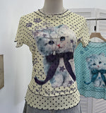 Double-Layer Screen Printed Short-Sleeved T-Shirt For Women's Summer New Dopamine Sweet Moringe Ear Top 2916