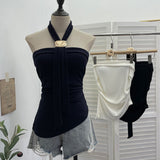 Real-Shooting Thai Hottie Chest Vest Metal Decoration Hanging Neck Folding Irregular Opening Top 9292