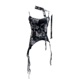 Spice Girls Newspaper Tie-Dye Printing Net Waste Vest Irregular Rope Ribbon 1197
