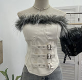 Real Shooting Retro Pu Skin Spliced Hair Bra Bra Strap Chest Punk Hottie Skin Buckle Waist Short Top 2781