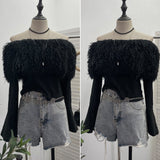 Sexy Wind Shoulder Hair Knitted Shirt Girl Short To Make Old Broken Long-Sleeved T-Shirt Top 2988