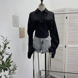 Dark Belted Long-Sleeved Shirt Women's Spring And Autumn Collar Rope Sleeves Contour Shaped Short Top 2775
