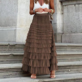 New French Long Dress Female Autumn Temperament Elegant Solid High-Waisted Mesh Cake Skirt Unkempt Skirt