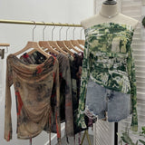 Vintage Graffiti-Printed Shoulder-Threin Mesh Long-Sleeved Blouse Side Drawstring Tethered With Slime T-Shirt 8959