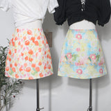 Oil Painting Print High-Rise Half-Dress Anti-Light A-Word Bag Babes Holiday Broken Flower Short Skirt Female 6116